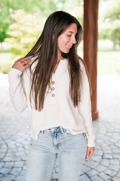 On The Go Triple Button Long Sleeve Top - Cream