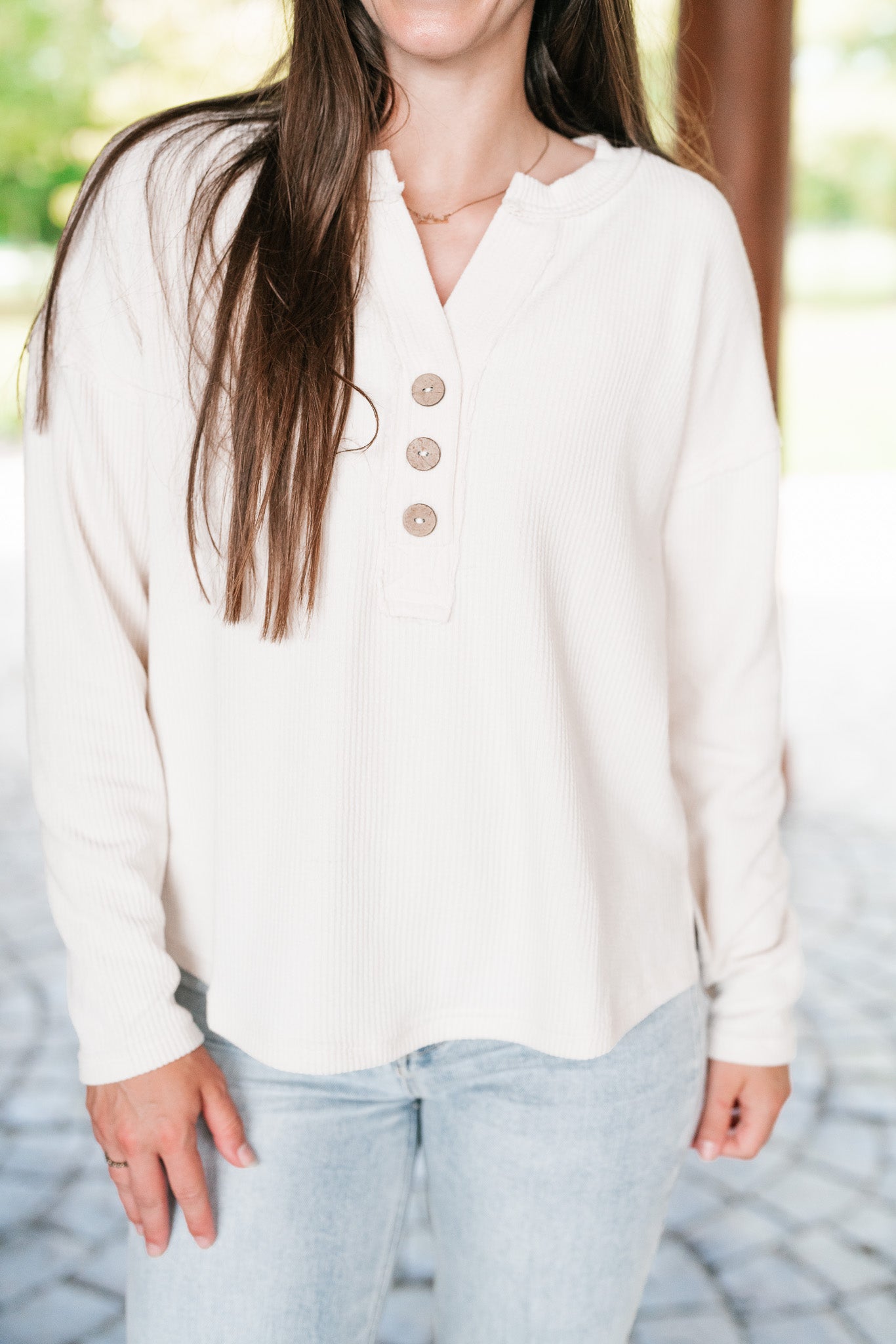 On The Go Triple Button Long Sleeve Top - Cream