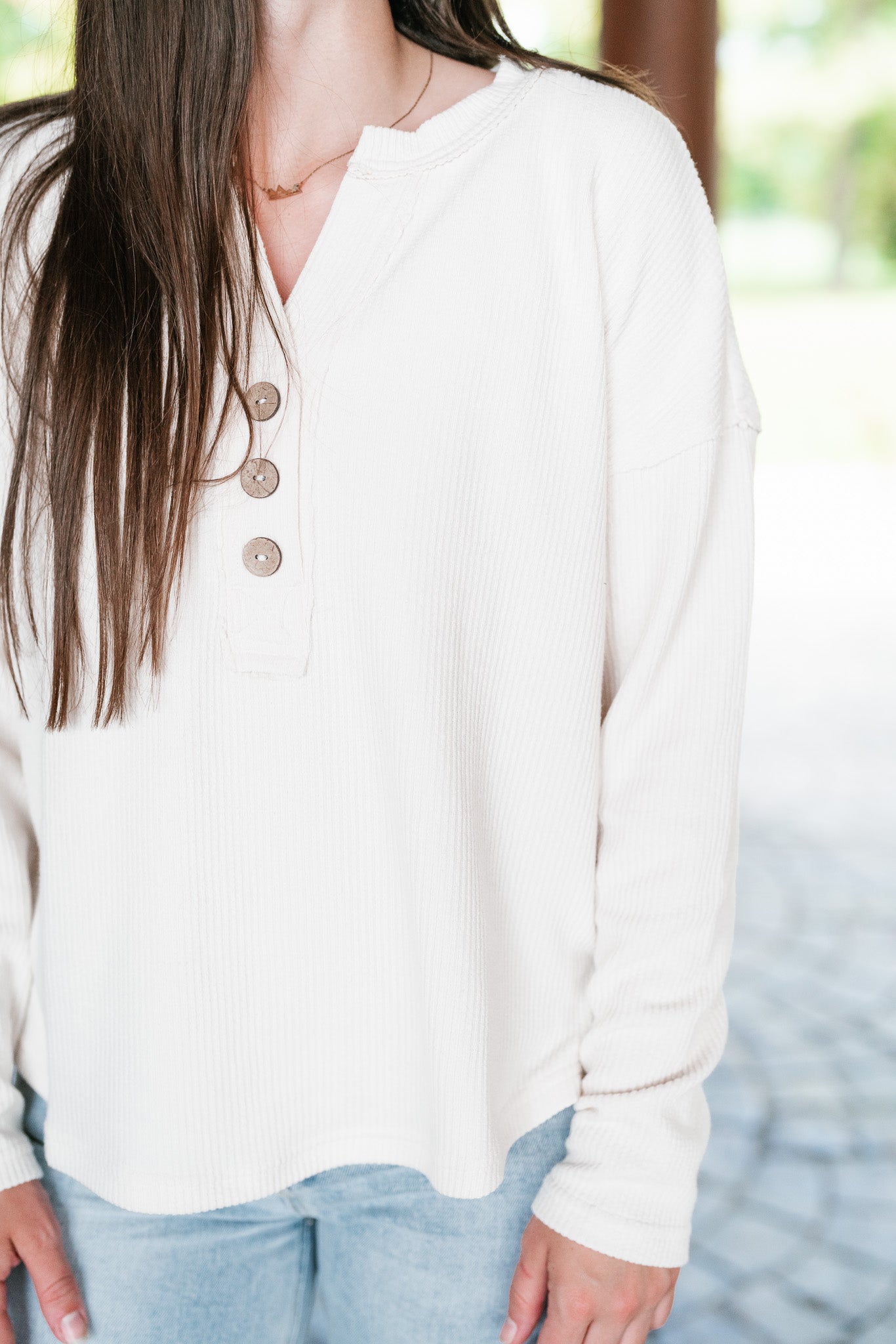 On The Go Triple Button Long Sleeve Top - Cream