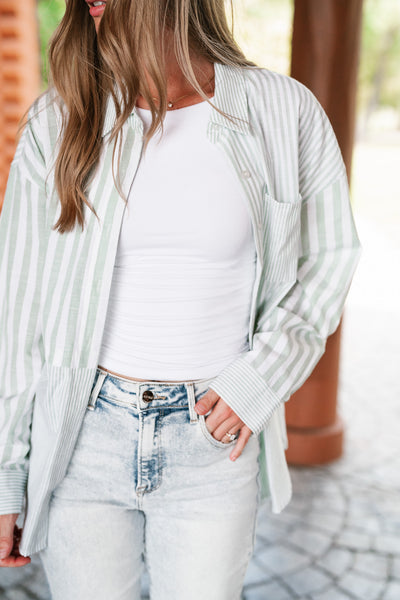 Get It Right Striped Long Sleeve Button Up Top