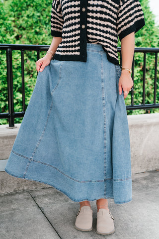 Sunday Stroll Flare Midi Denim Skirt