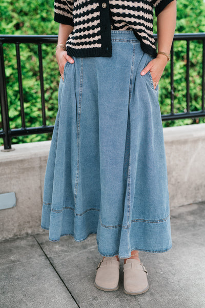 Sunday Stroll Flare Midi Denim Skirt