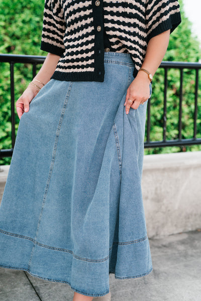 Sunday Stroll Flare Midi Denim Skirt