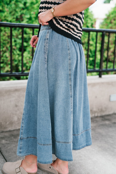 Sunday Stroll Flare Midi Denim Skirt