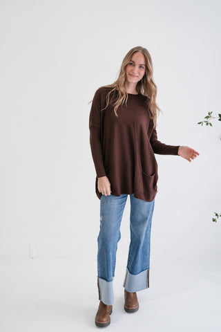 Gentle Drift Relaxed Pocket Sweater - Chocolate