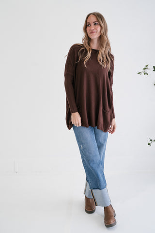 Gentle Drift Relaxed Pocket Sweater - Chocolate