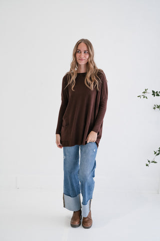 Gentle Drift Relaxed Pocket Sweater - Chocolate