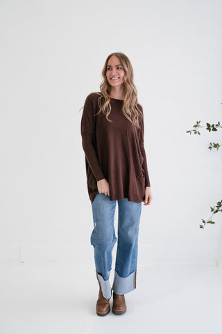 Gentle Drift Relaxed Pocket Sweater - Chocolate