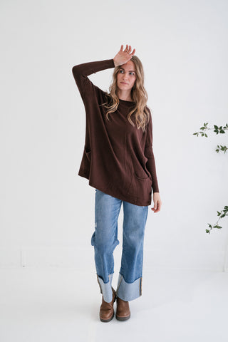 Gentle Drift Relaxed Pocket Sweater - Chocolate