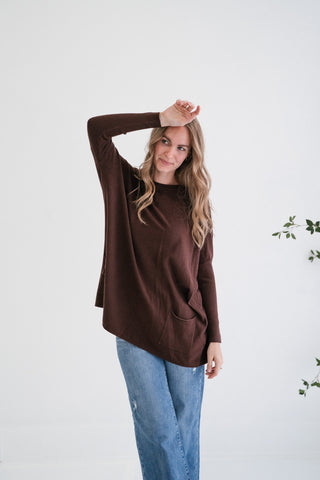 Gentle Drift Relaxed Pocket Sweater - Chocolate