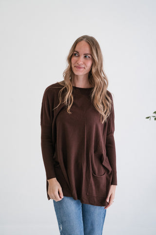 Gentle Drift Relaxed Pocket Sweater - Chocolate
