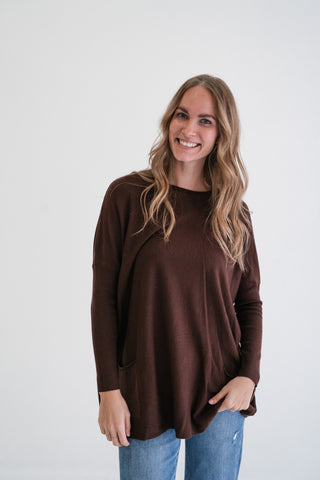 Gentle Drift Relaxed Pocket Sweater - Chocolate