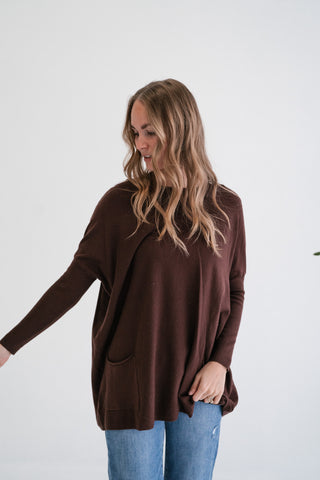Gentle Drift Relaxed Pocket Sweater - Chocolate