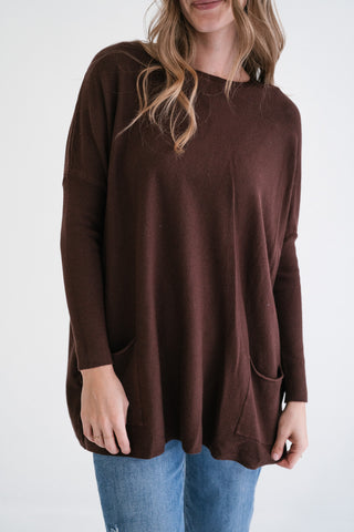 Gentle Drift Relaxed Pocket Sweater - Chocolate