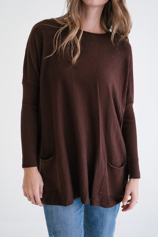 Gentle Drift Relaxed Pocket Sweater - Chocolate