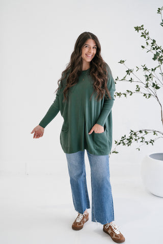 Gentle Drift Relaxed Pocket Sweater - Hunter Green