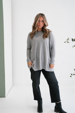 Gentle Drift Relaxed Pocket Sweater - Heather Grey