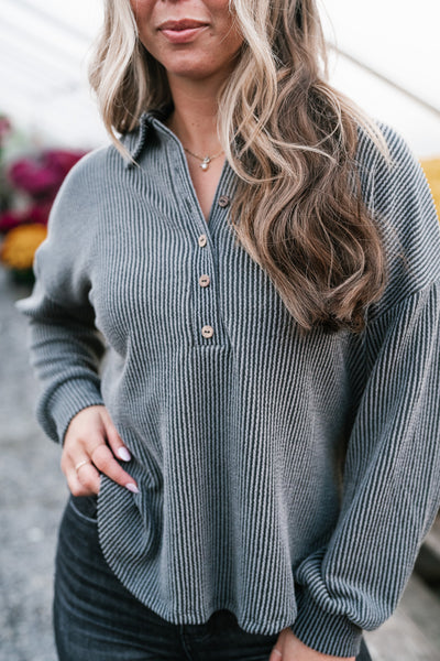 Ribbed Essential Collared Long Sleeve Top