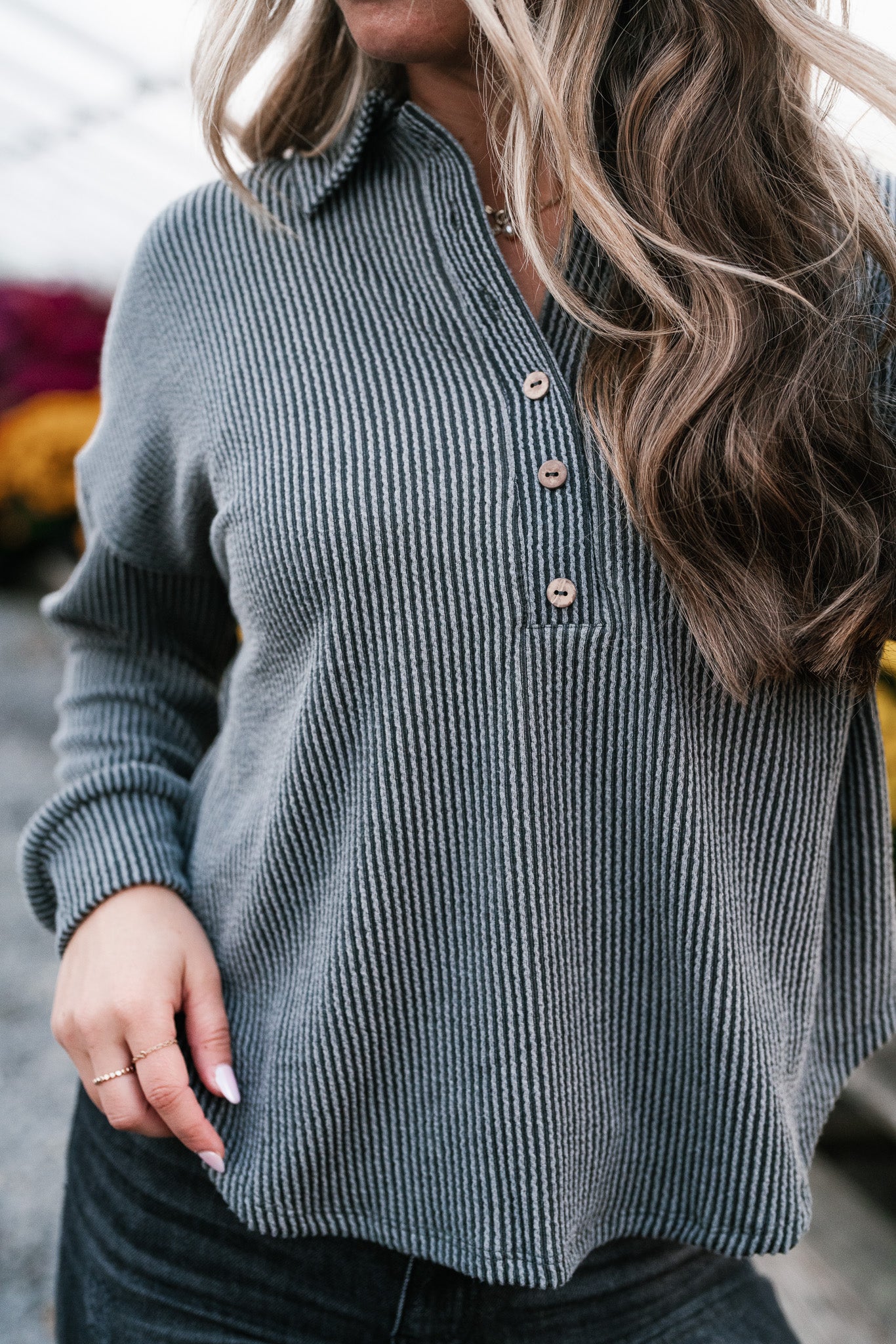 Ribbed Essential Collared Long Sleeve Top