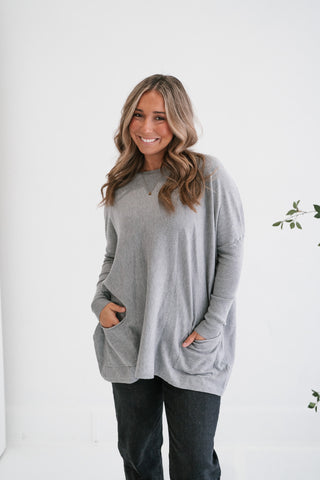 Gentle Drift Relaxed Pocket Sweater - Heather Grey