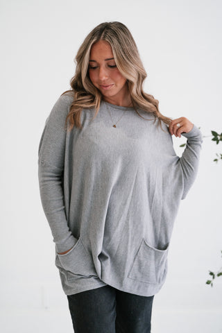 Gentle Drift Relaxed Pocket Sweater - Heather Grey