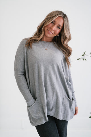 Gentle Drift Relaxed Pocket Sweater - Heather Grey