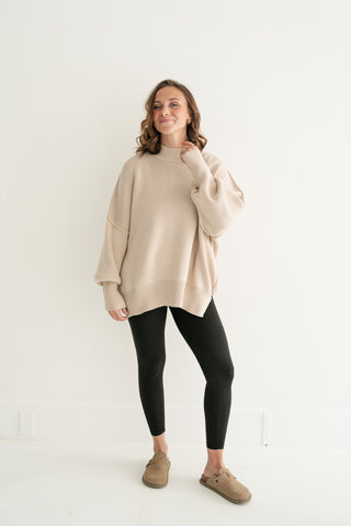 Misty Ridge Ribbed Mock Neck Oversized Sweater - Beige