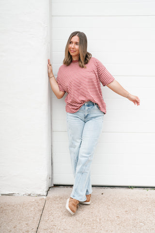 Day After Day Striped Tee - Burgundy