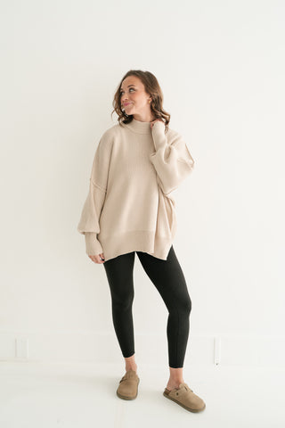 Misty Ridge Ribbed Mock Neck Oversized Sweater - Beige