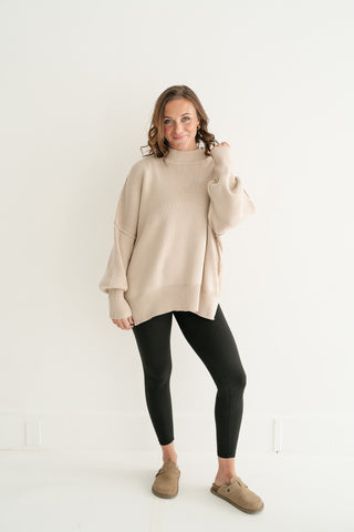 Misty Ridge Ribbed Mock Neck Oversized Sweater - Beige