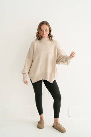 Misty Ridge Ribbed Mock Neck Oversized Sweater - Beige