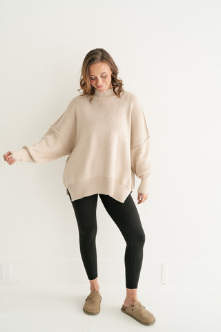 Misty Ridge Ribbed Mock Neck Oversized Sweater - Beige