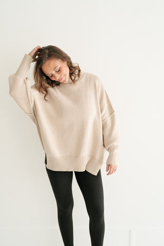 Misty Ridge Ribbed Mock Neck Oversized Sweater - Beige