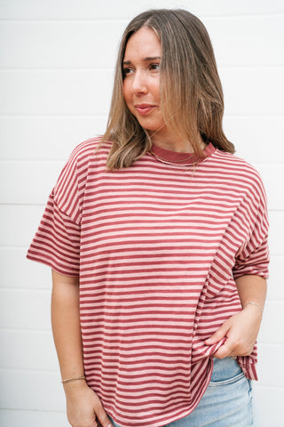 Day After Day Striped Tee - Burgundy