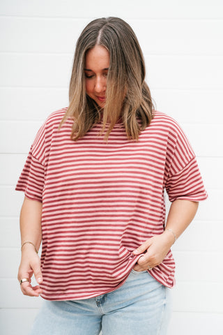 Day After Day Striped Tee - Burgundy