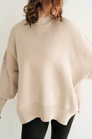 Misty Ridge Ribbed Mock Neck Oversized Sweater - Beige