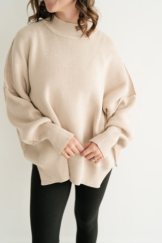 Misty Ridge Ribbed Mock Neck Oversized Sweater - Beige