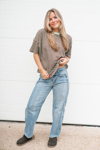 Day After Day Striped Tee - Mint/Brown