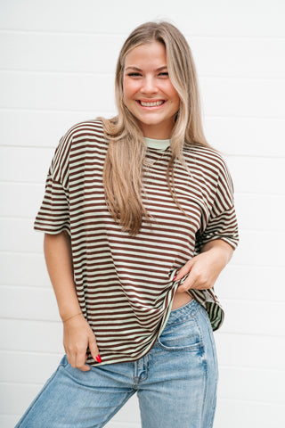 Day After Day Striped Tee - Mint/Brown