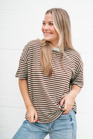 Day After Day Striped Tee - Mint/Brown