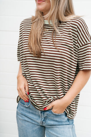 Day After Day Striped Tee - Mint/Brown