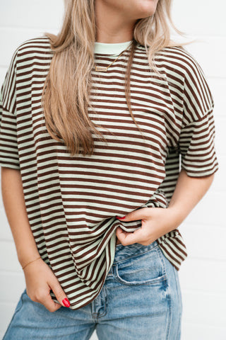 Day After Day Striped Tee - Mint/Brown