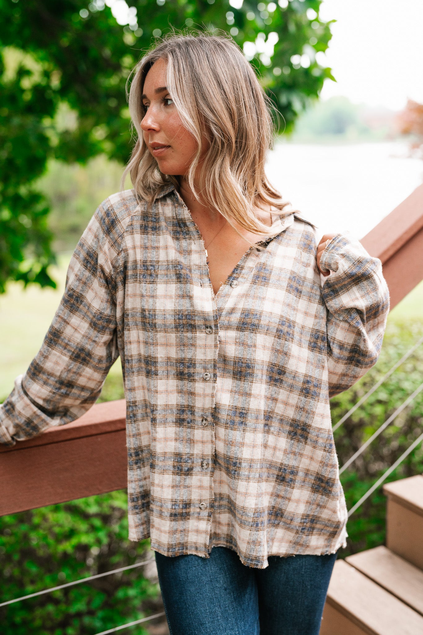 Feel The Warmth Flannel- Sand/Navy