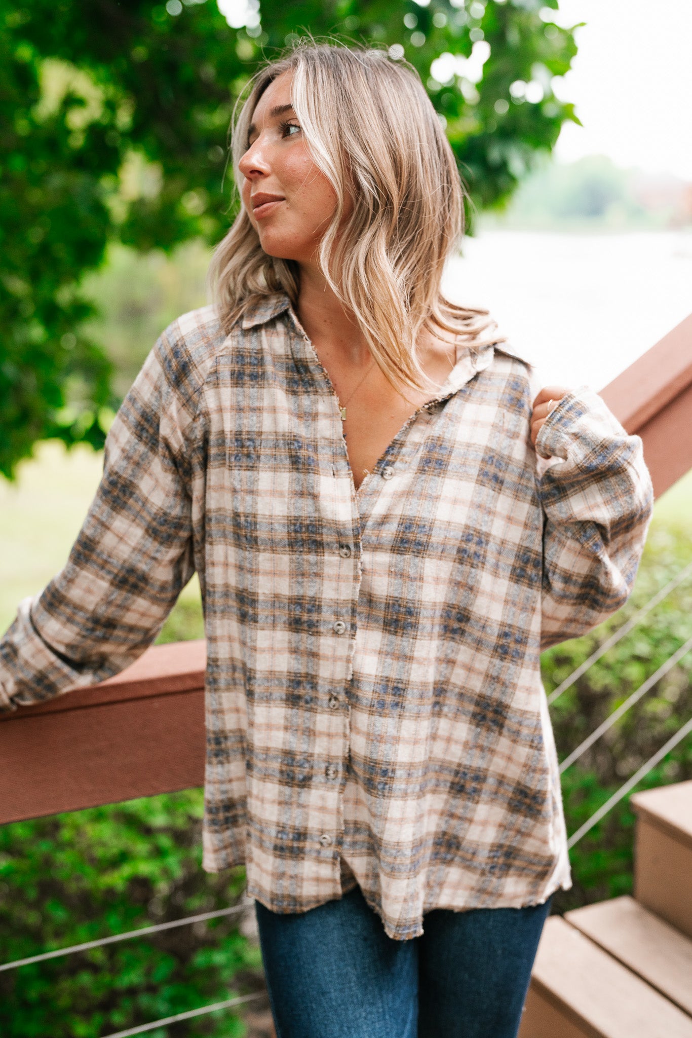 Feel The Warmth Flannel- Sand/Navy