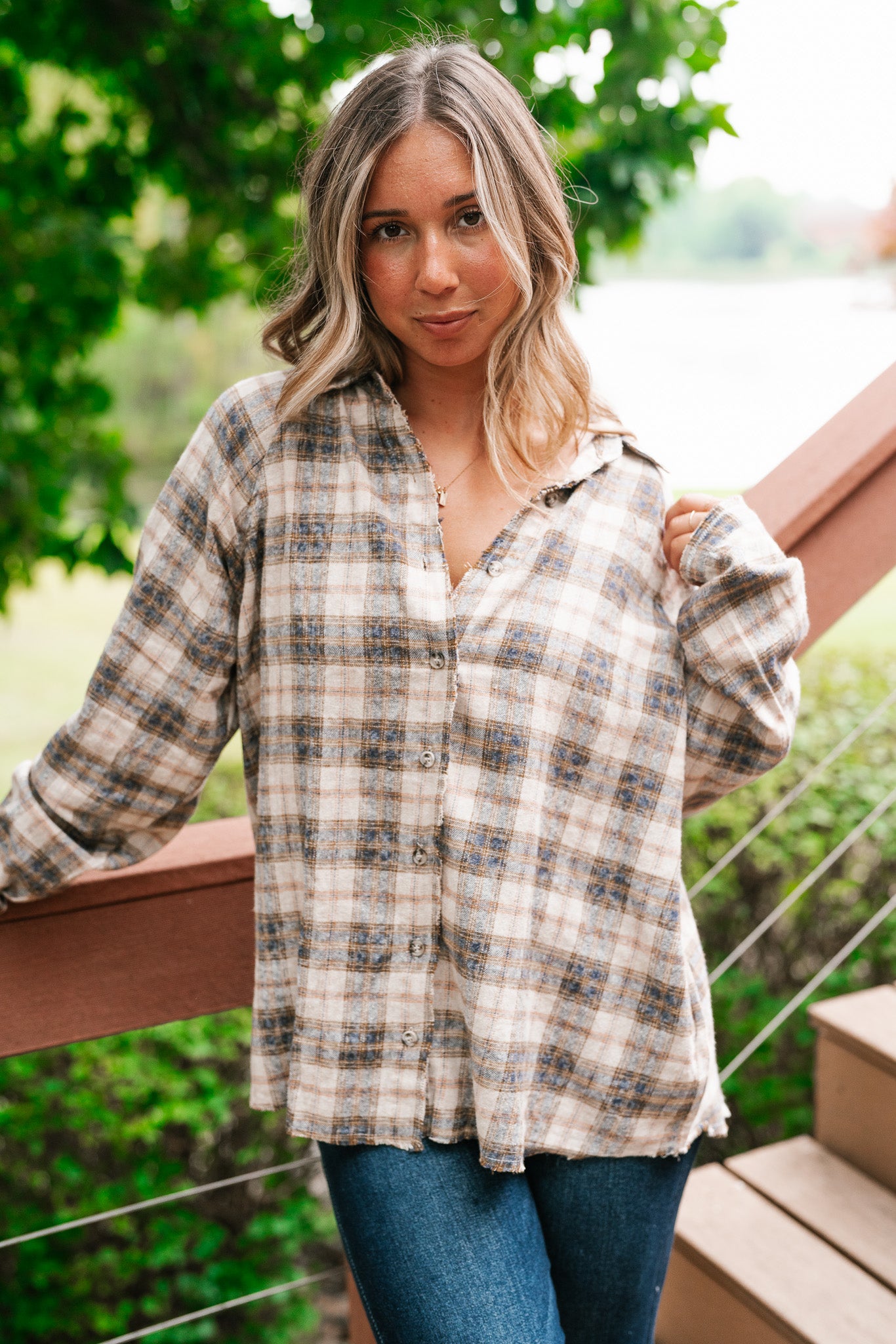 Feel The Warmth Flannel- Sand/Navy