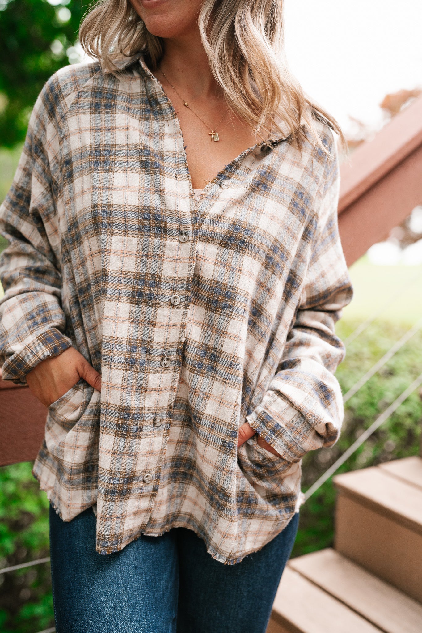 Feel The Warmth Flannel- Sand/Navy