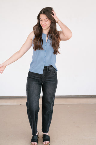 Ever Yours Ribbed Button Top - Blue
