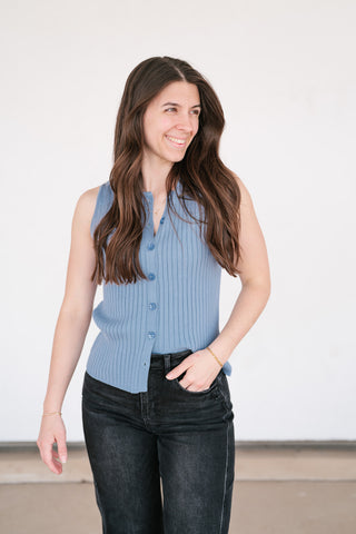 Ever Yours Ribbed Button Top - Blue