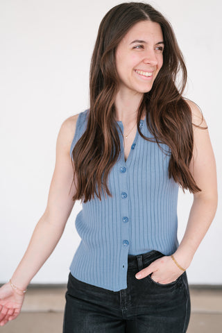 Ever Yours Ribbed Button Top - Blue