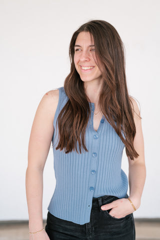 Ever Yours Ribbed Button Top - Blue